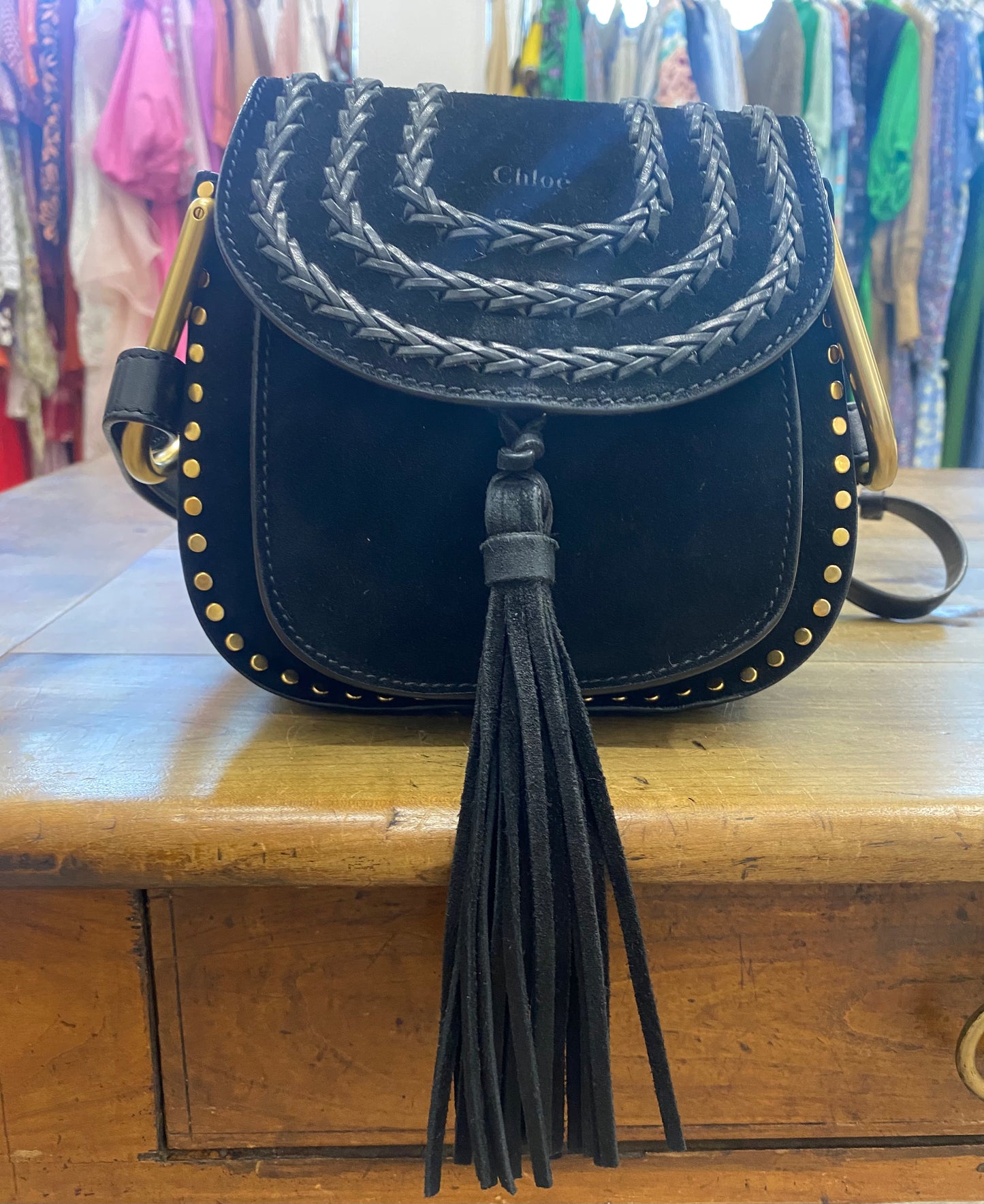 CHLOE BLACK SUEDE WHIPSTITCH HUDSON BAG