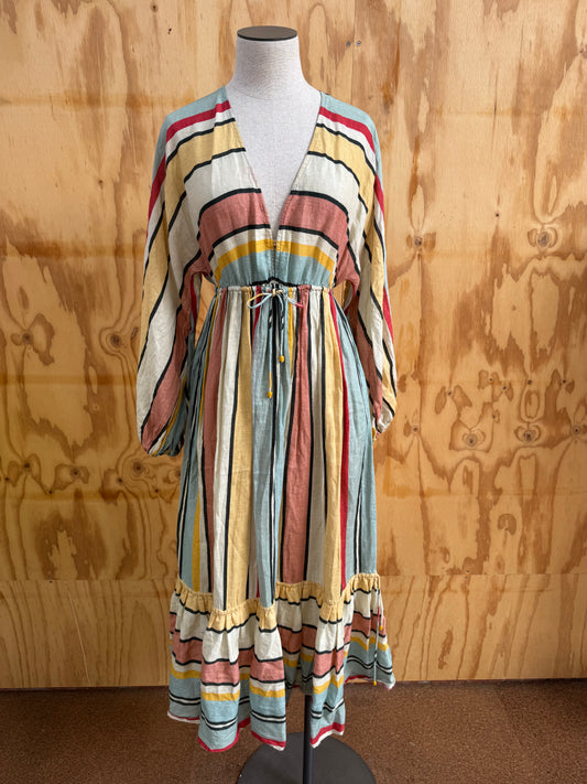 ZIMMERMANN CASSIA STRIPE LINEN MIDI DRESS - SIZE 1