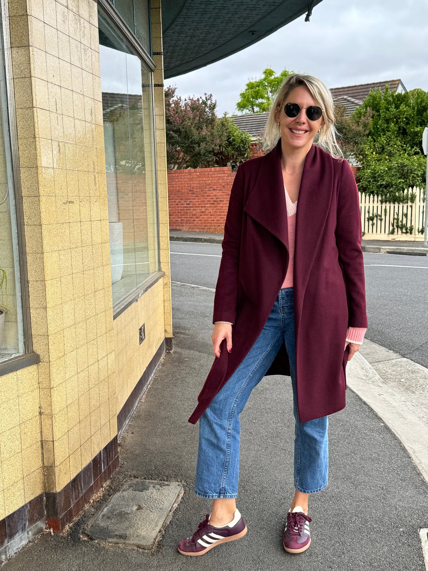 SABA MAROON WOOL BLEND COAT WITH BELT - SIZE XS