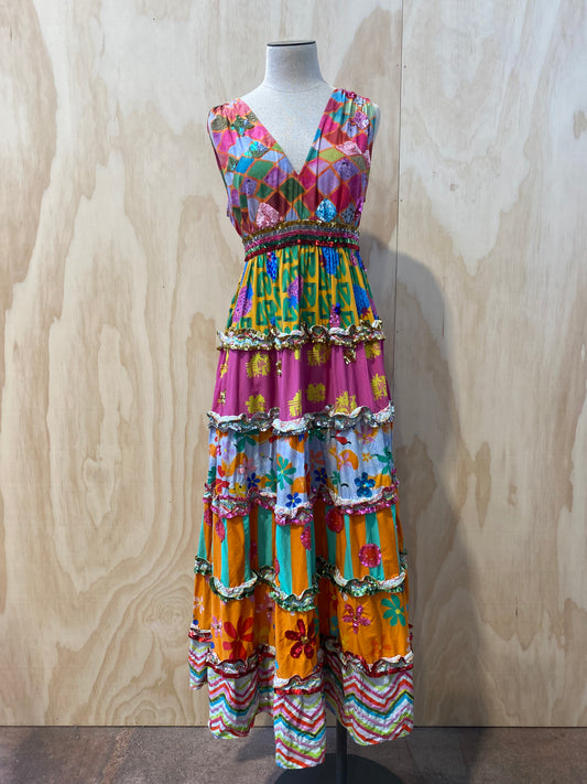 BONITA COLLECTIVE RING MY BELL COLOURFUL TIERED DRESS - SIZE S