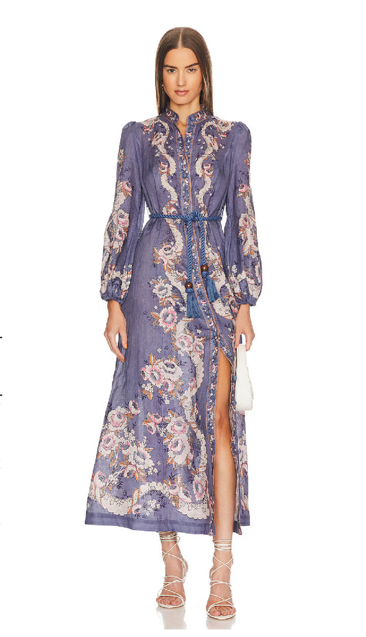 ZIMMERMANN VITALI LONG BILLOW MAXI DRESS IN BLUE ROSE - SIZE 1