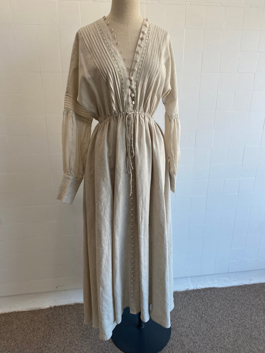 JOSLIN MELINDA LINEN MAXI DRESS WITH LACE TRIM - SIZE 10