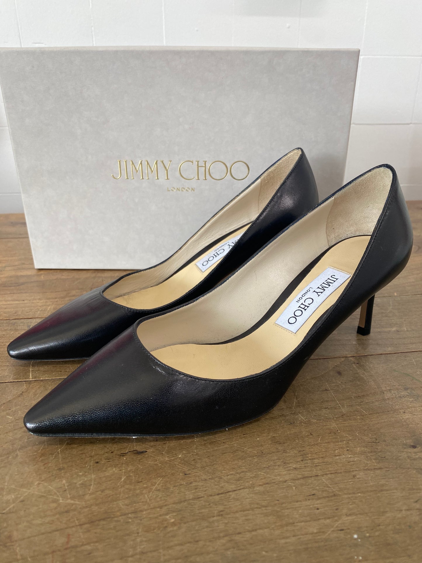 JIMMY CHOO ROMY 65 BLACK LEATHER PUMPS - SIZE 37.5