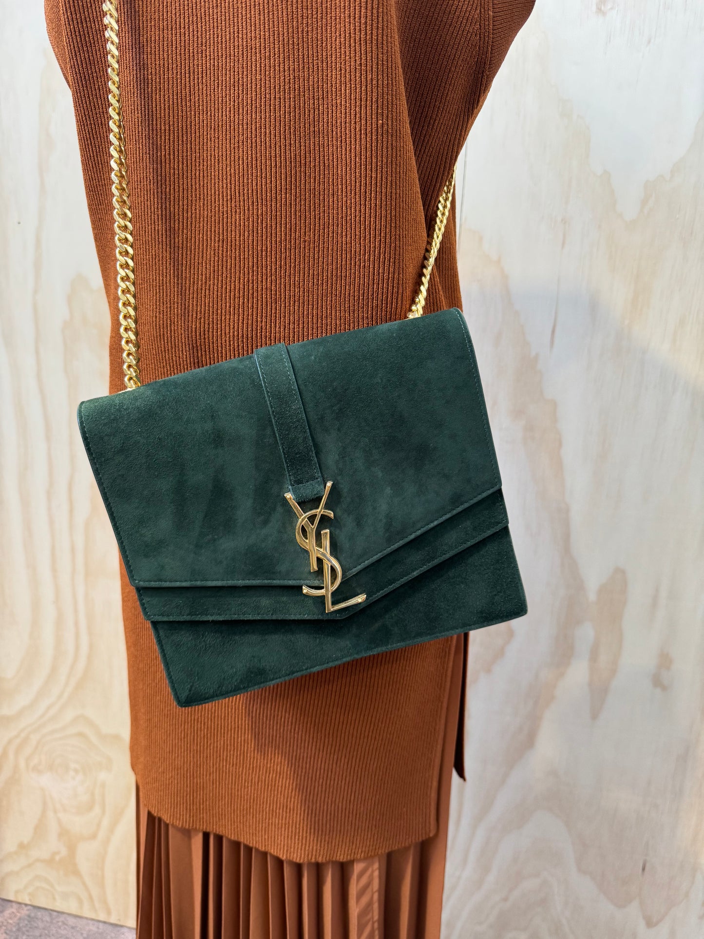 YVES SAINT LAURENT GREEN SUEDE SULPICE BAG