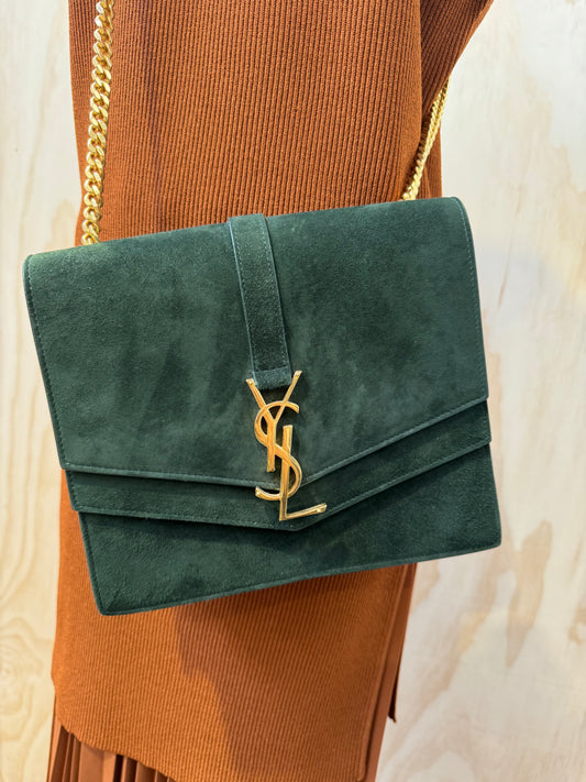 YVES SAINT LAURENT GREEN SUEDE SULPICE BAG