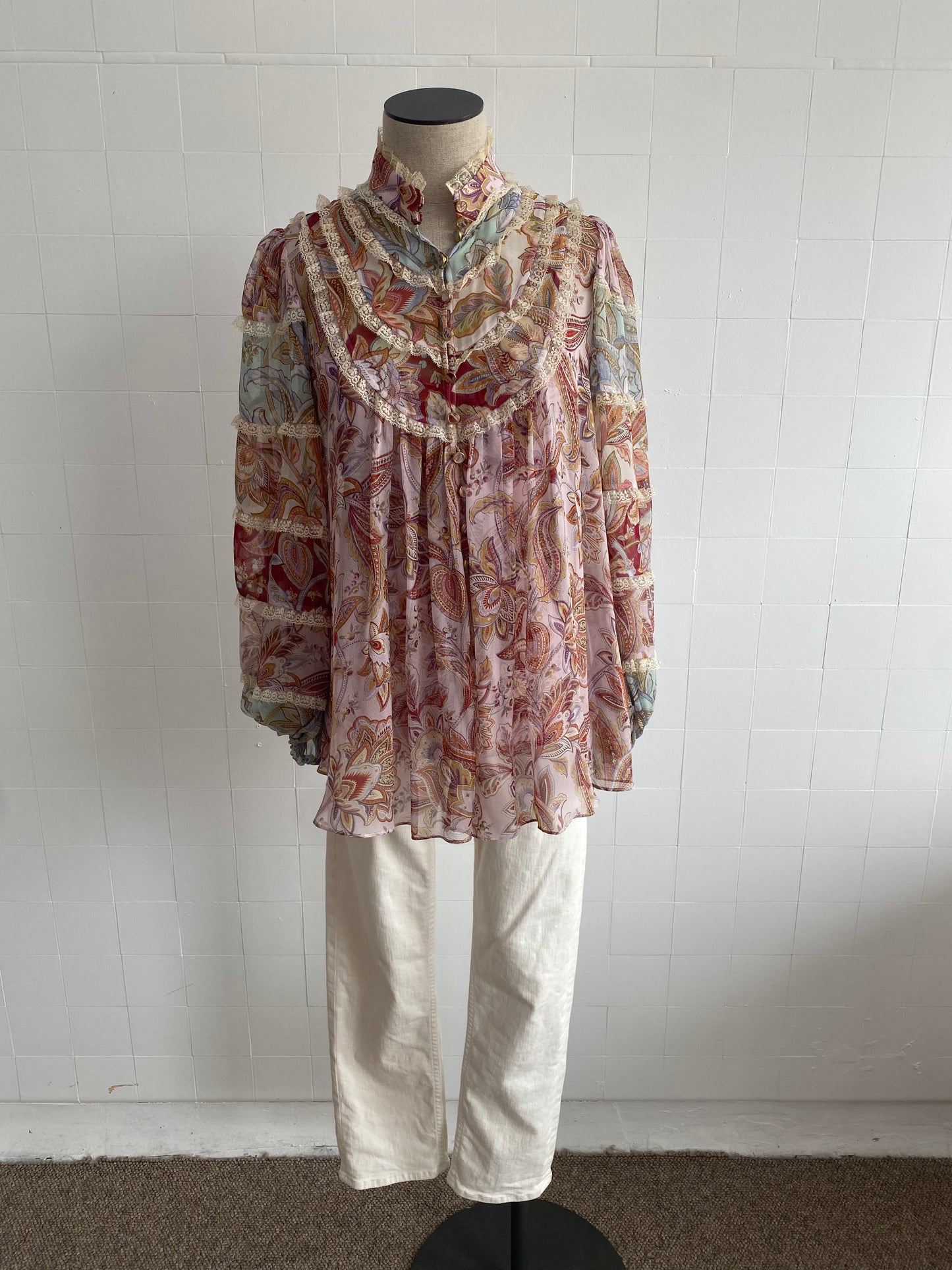 ZIMMERMANN FLORAL LACE TRIM BLOUSE - SIZE 1