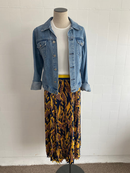 MANNING CARTEL YELLOW AND NAVY PLEATED MIDI SKIRT - SIZE 10