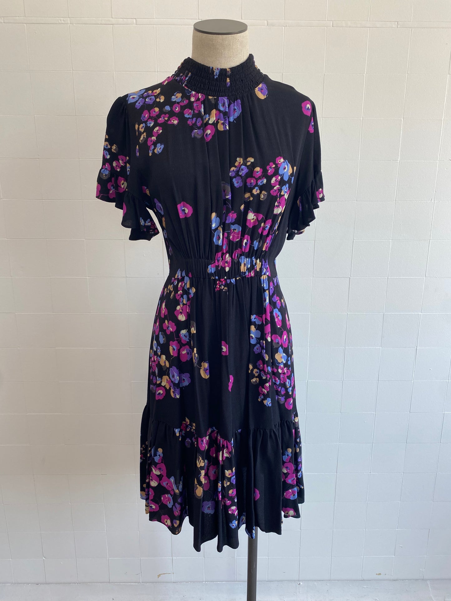 HUSK BLACK AND FLORAL MINI DRESS - SIZE10