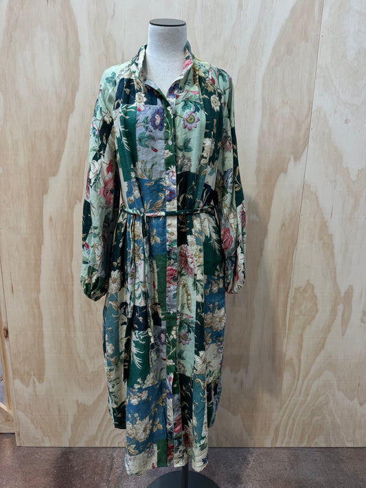 ALEMAIS LORETTA SAGE FLORAL PATCHWORK SHIRTDRESS - SIZE 14