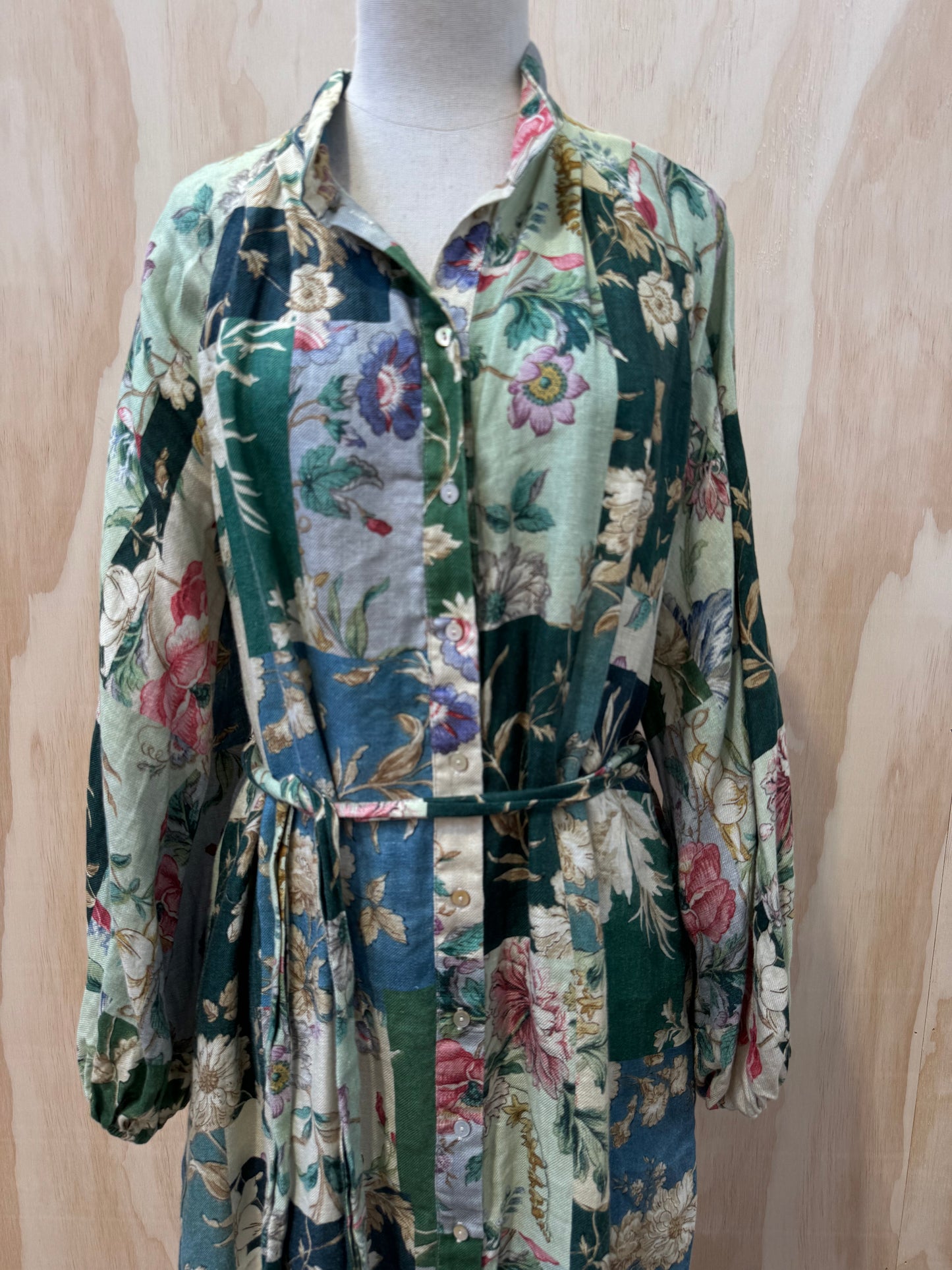 ALEMAIS LORETTA SAGE FLORAL PATCHWORK SHIRTDRESS - SIZE 14