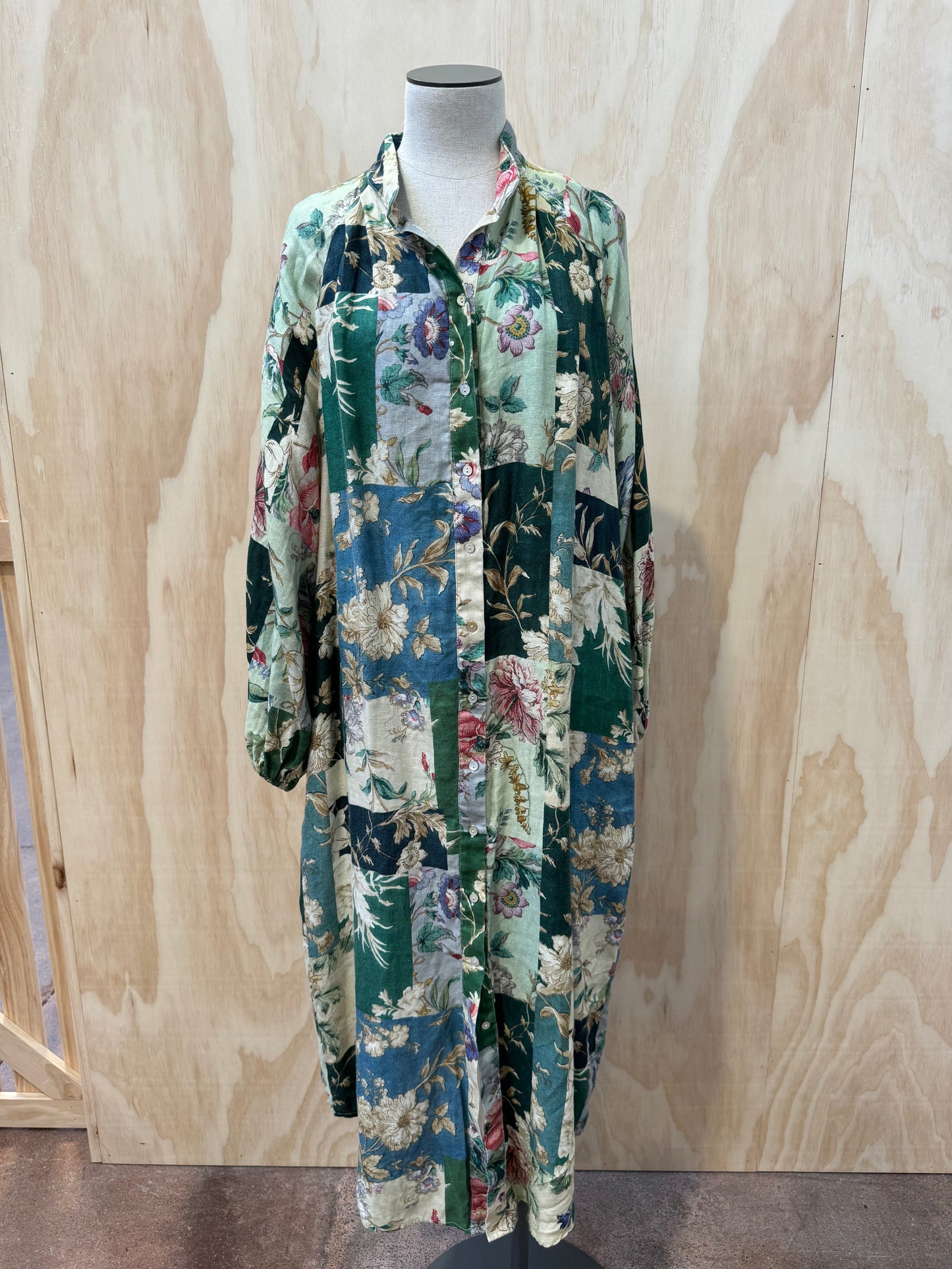 ALEMAIS LORETTA SAGE FLORAL PATCHWORK SHIRTDRESS - SIZE 14