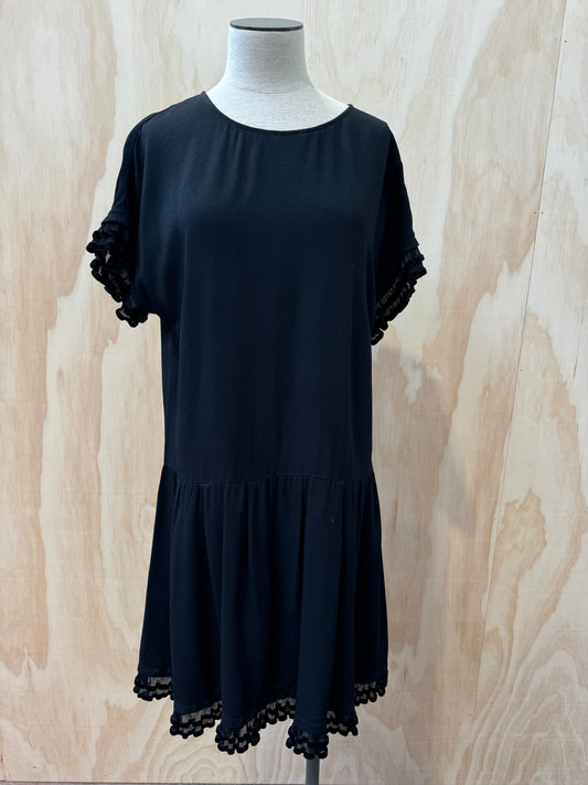 RED VALENTINO BLACK MINI DRESS WITH FRILL DETAIL - SIZE L