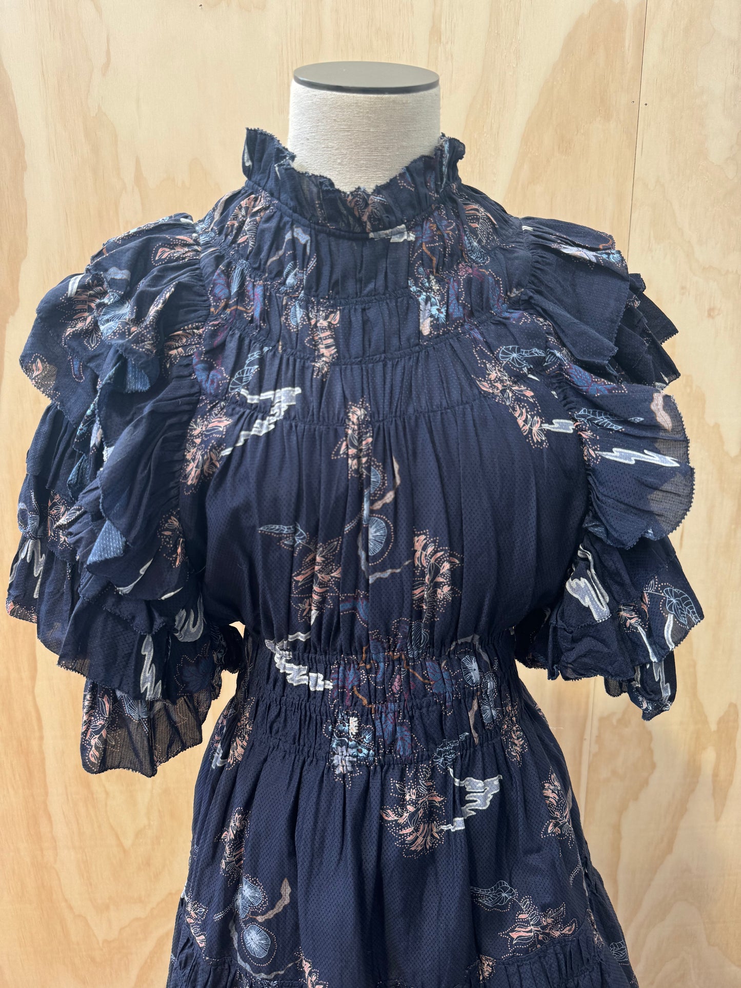 MAGALI PASCAL FLORAL NAVY FRILL MINI DRESS - SIZE M