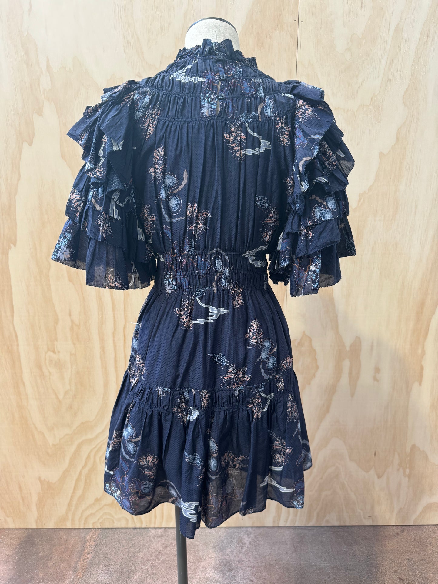 MAGALI PASCAL FLORAL NAVY FRILL MINI DRESS - SIZE M