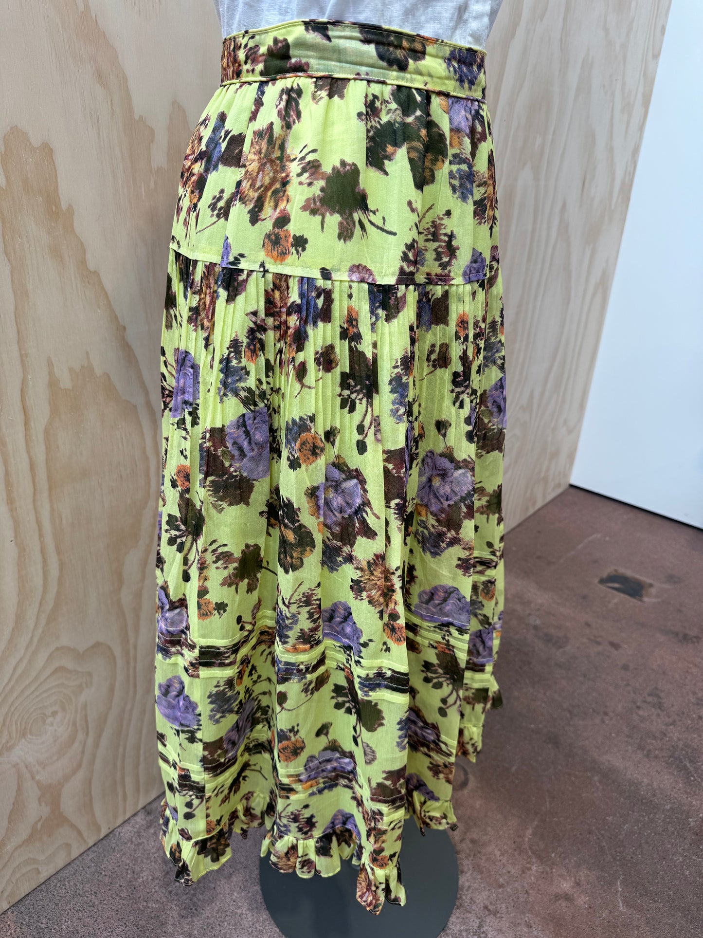 ULLA JOHNSON LIME FLORAL MAXI SKIRT - SIZE 6