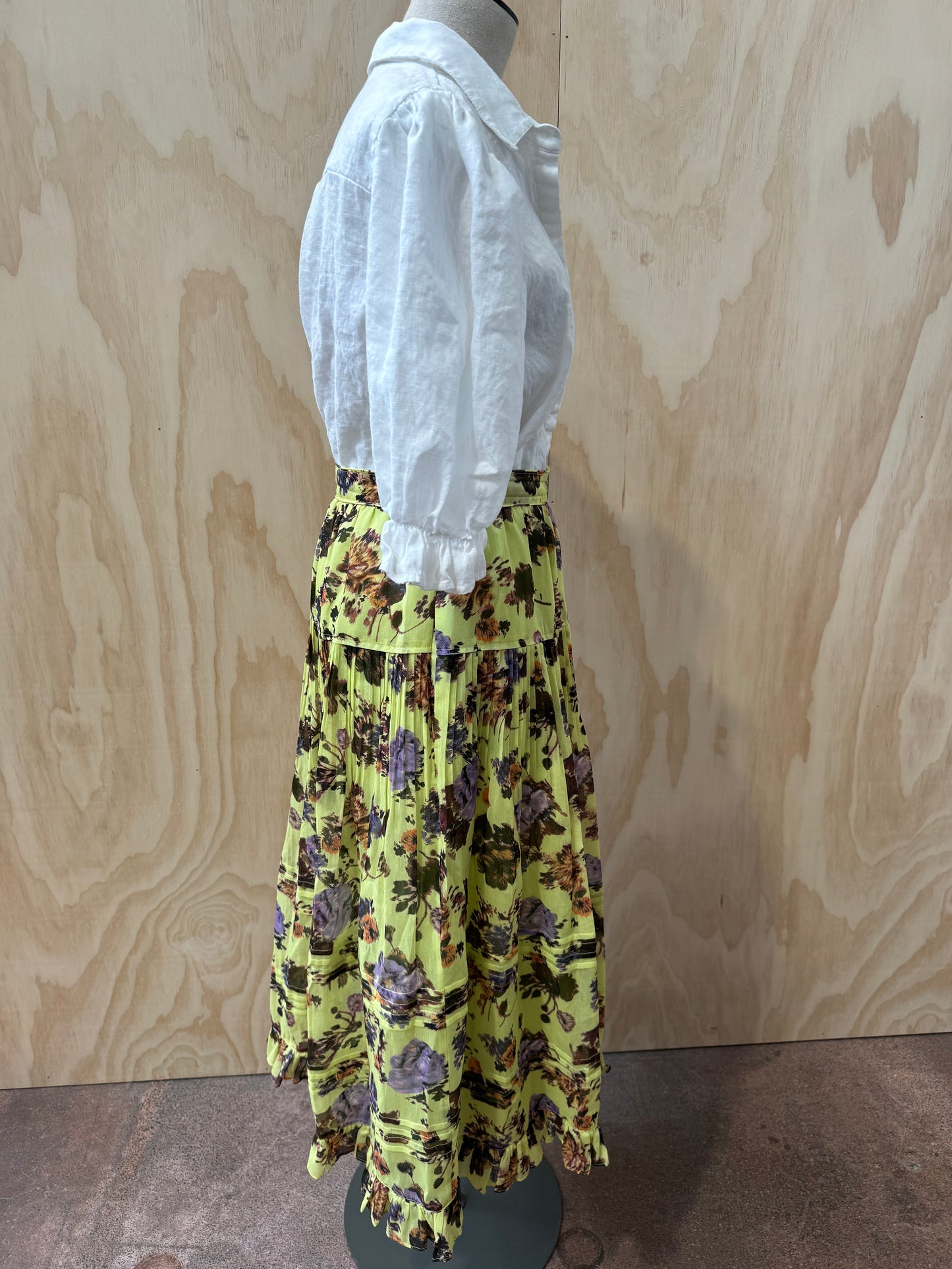 ULLA JOHNSON LIME FLORAL MAXI SKIRT - SIZE 6