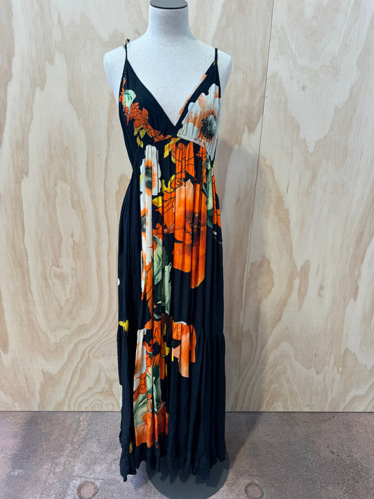 CAMILLA ORANGE FLOWER SILK MAXI DRESS - SIZE S