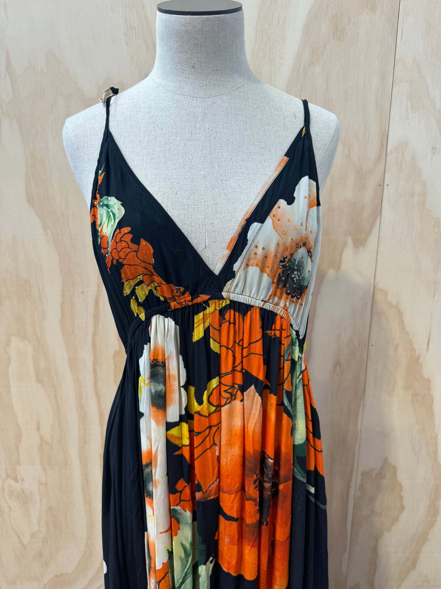 CAMILLA ORANGE FLOWER SILK MAXI DRESS - SIZE S