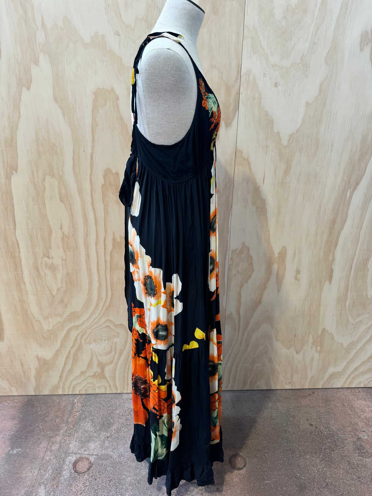 CAMILLA ORANGE FLOWER SILK MAXI DRESS - SIZE S