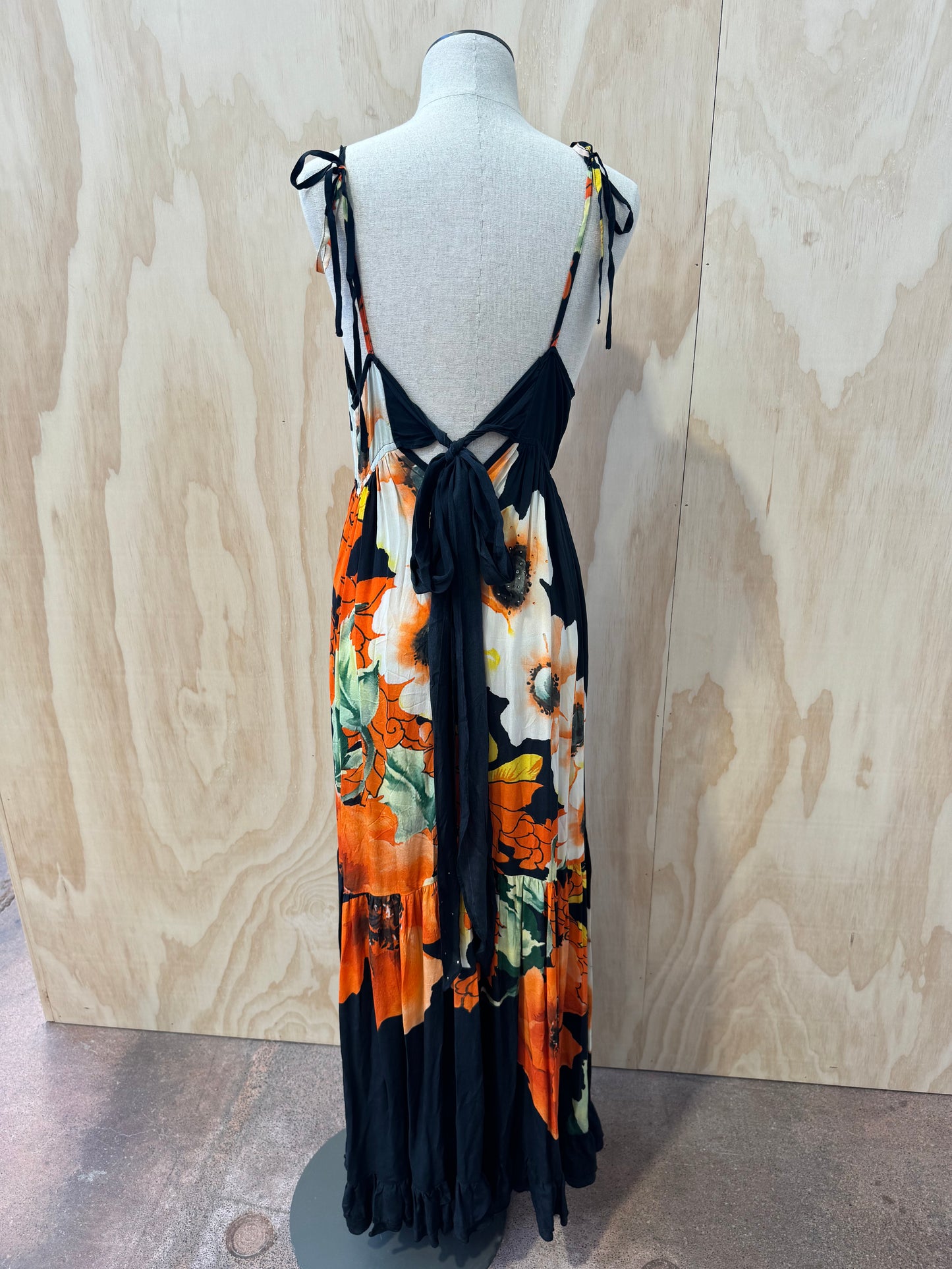 CAMILLA ORANGE FLOWER SILK MAXI DRESS - SIZE S