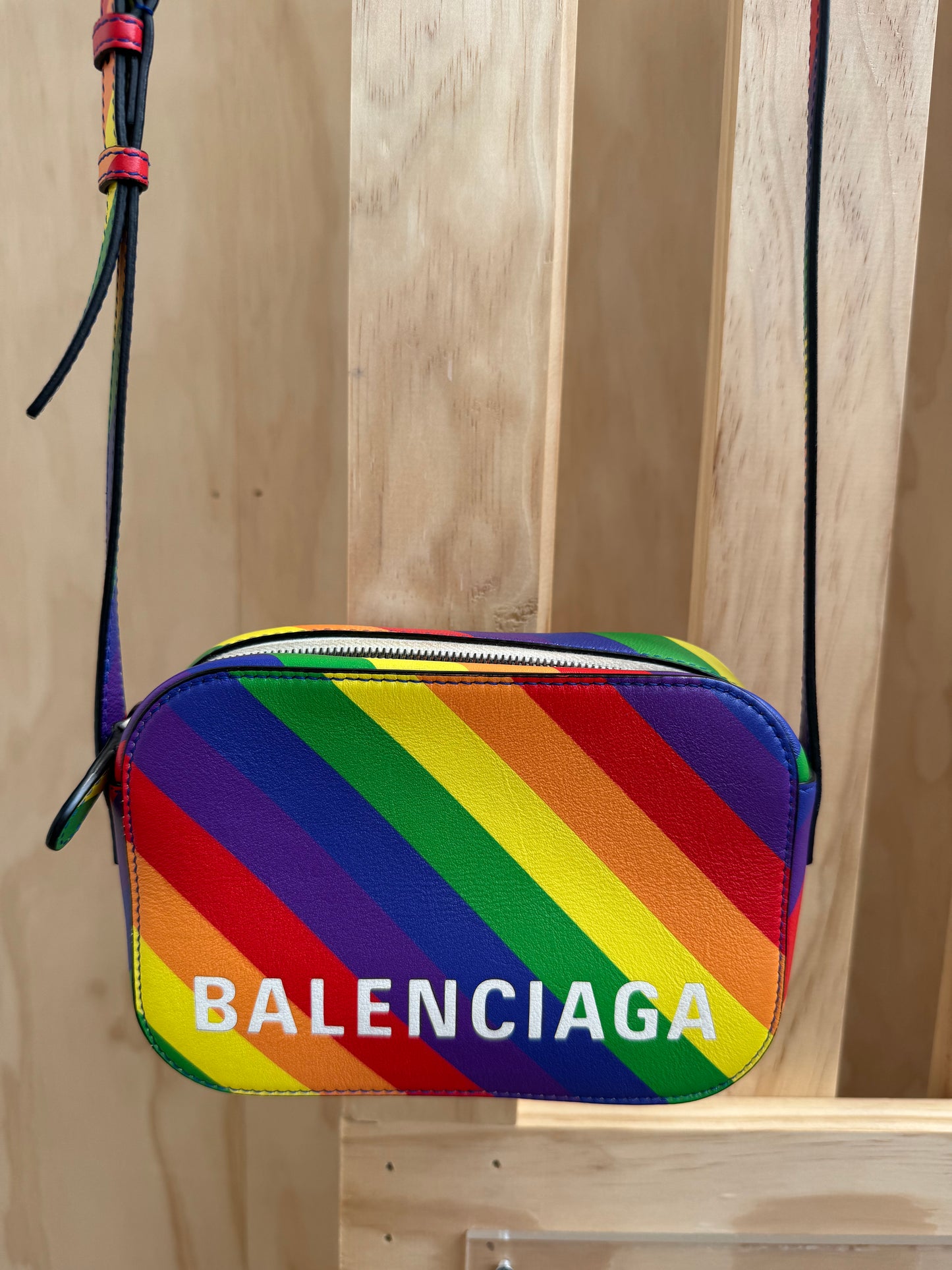 BALENCIAGA VILLE RAINBOW STRIPE CROSSBODY BAG