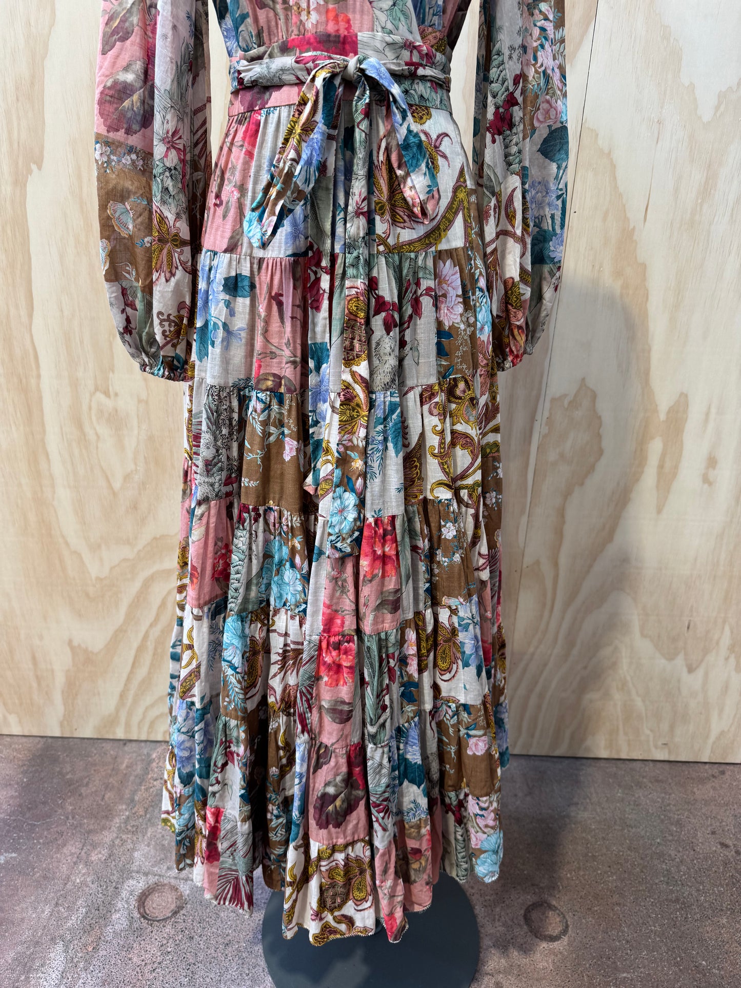 ZIMMERMANN CASSIA PATCHWORK MIDI WRAP DRESS - SIZE 2