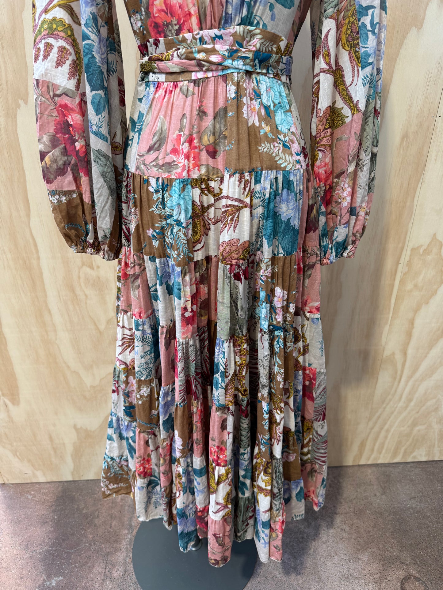 ZIMMERMANN CASSIA PATCHWORK MIDI WRAP DRESS - SIZE 2