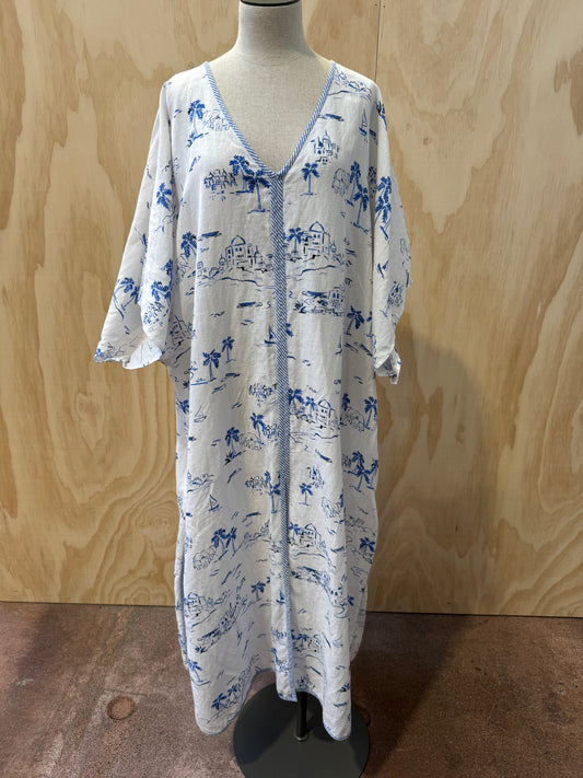 BINNY BLUE AND WHITE LINEN KAFTAN - SIZE 10