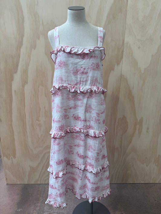 ALESSANDRA PINK & WHITE VINTAGE SCENERY MIDI DRESS - SIZE S