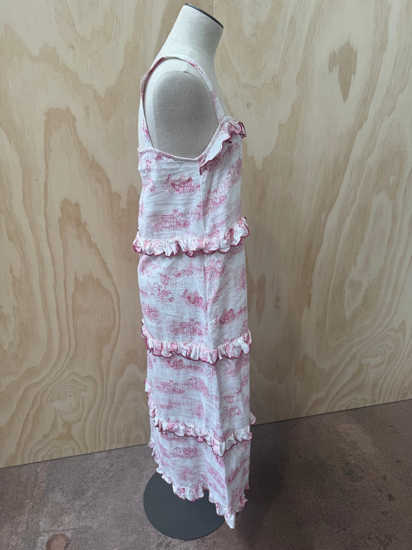 ALESSANDRA PINK & WHITE VINTAGE SCENERY MIDI DRESS - SIZE S