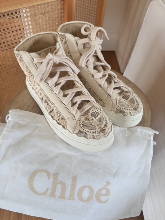 CHLOE BEIGE LAUREN HIGH-TOP SNEAKERS - SIZE 38