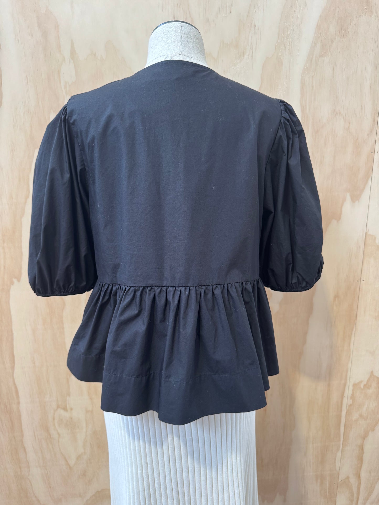 GANNI BLACK COTTON PEPLUM TIE BLOUSE - SIZE 38 (10 AUS)