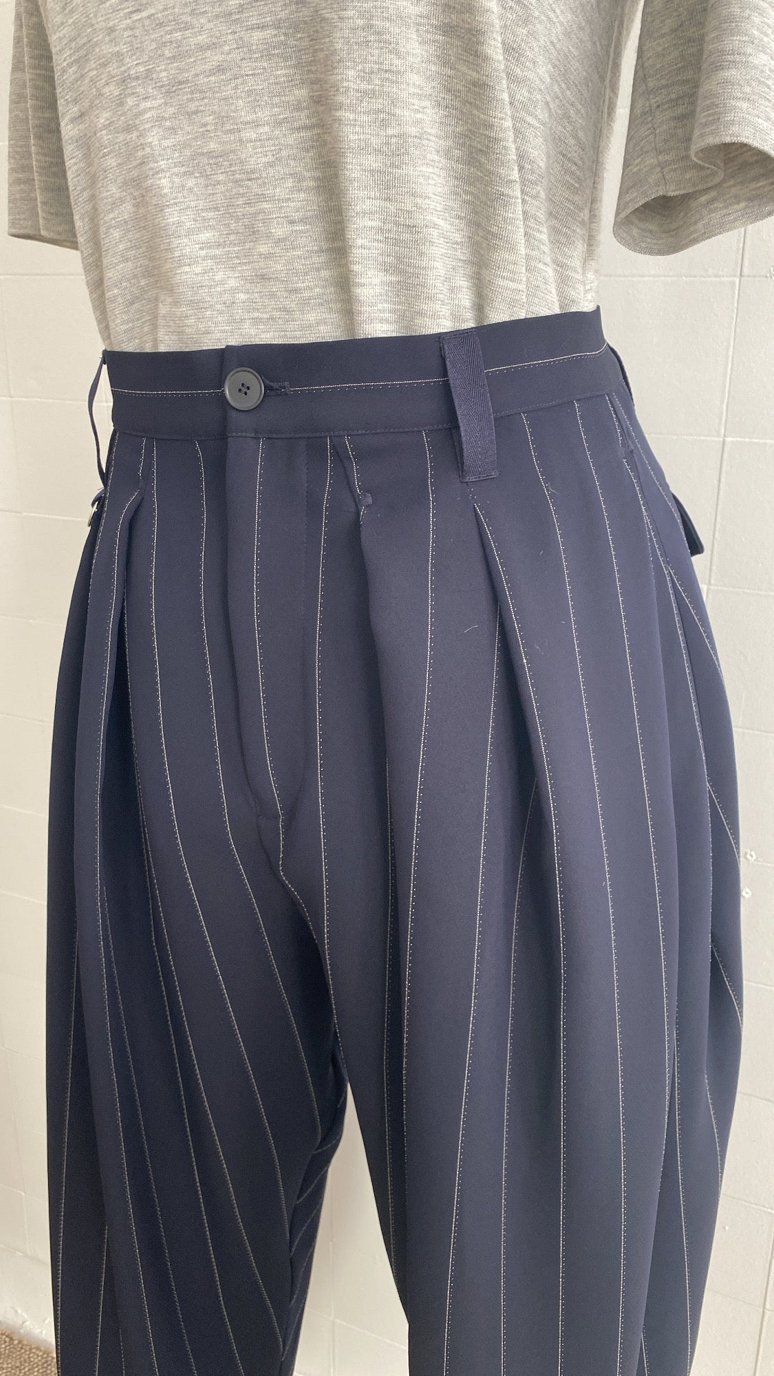 HIGH NAVY WITH WHITE PIN STRIPE PANTS - SIZE 14