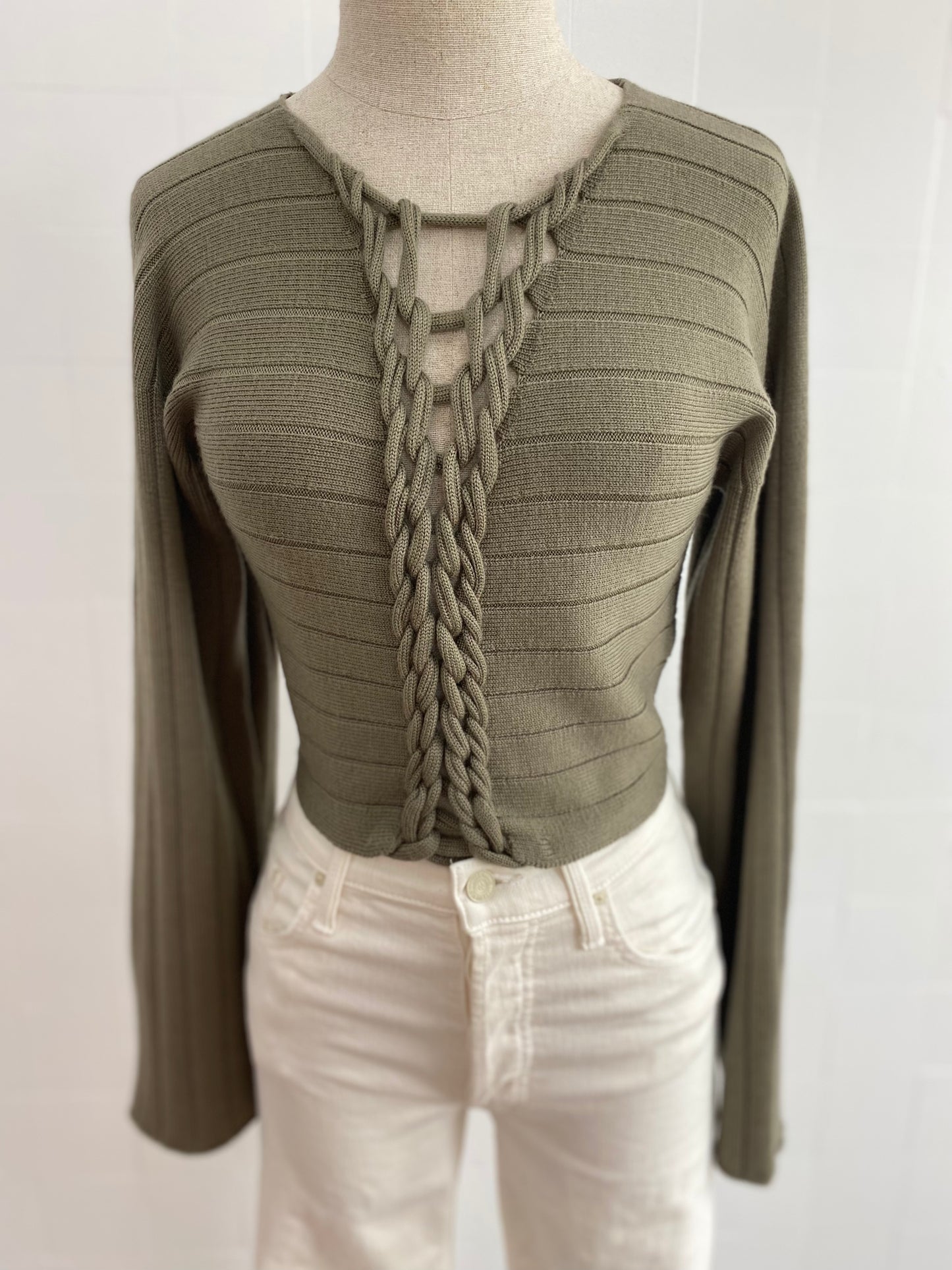 DION LEE KHAKI ROPE FRONT LONG SLEEVE TOP - SIZE 8