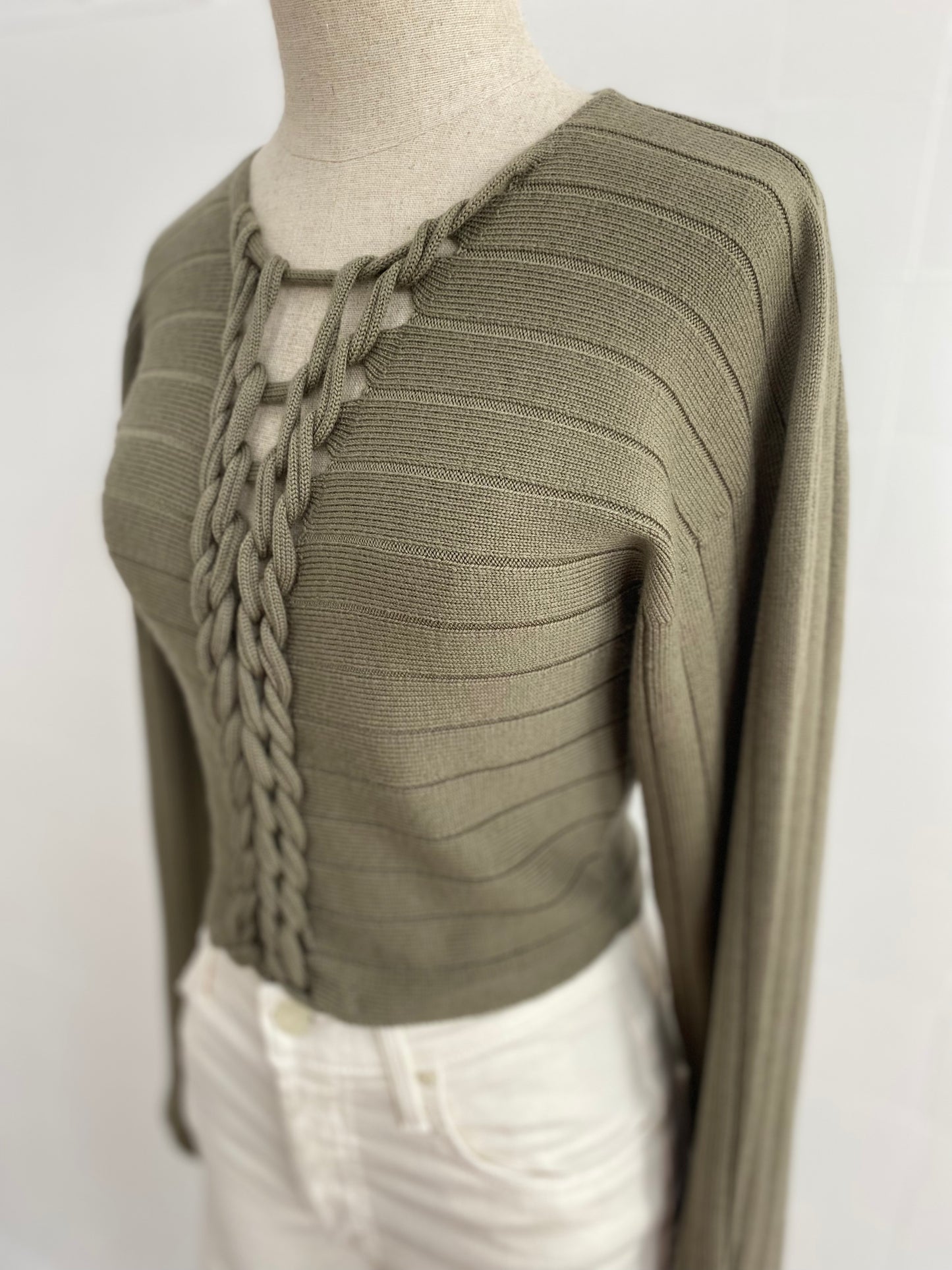 DION LEE KHAKI ROPE FRONT LONG SLEEVE TOP - SIZE 8