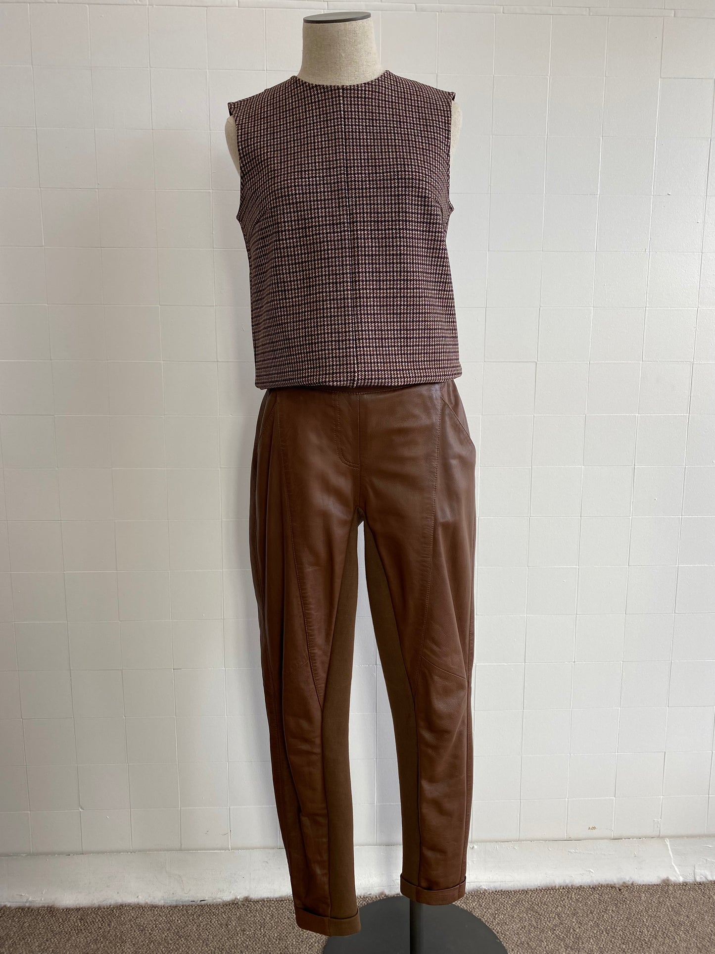 ONCE WAS TAN LIBRERIA LEATHER PANTS WITH COTTON PANELS - SIZE 1 (SIZE XS)