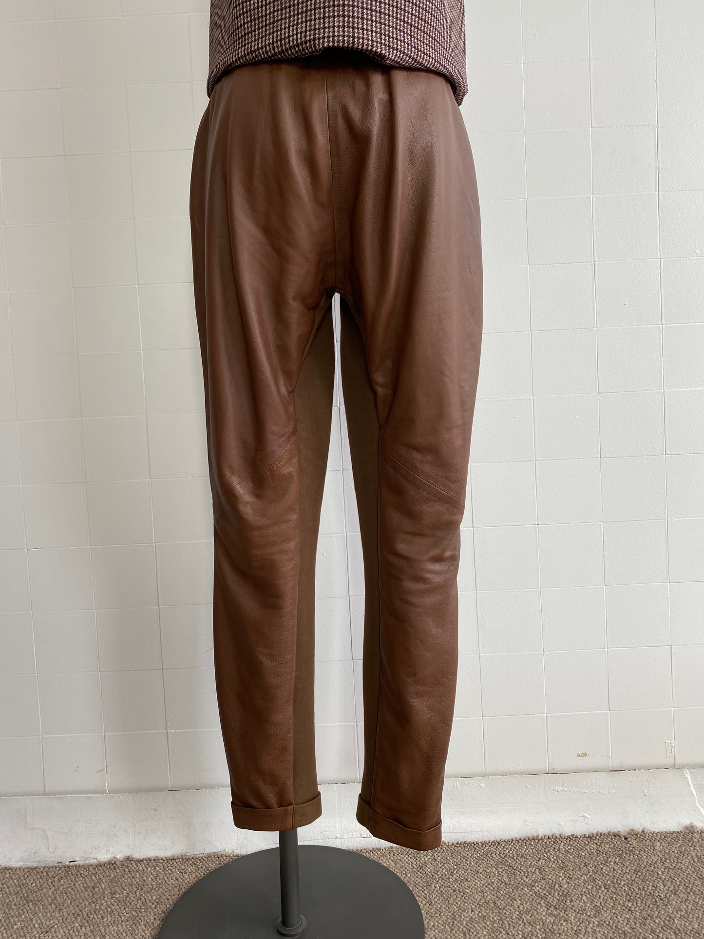 ONCE WAS TAN LIBRERIA LEATHER PANTS WITH COTTON PANELS - SIZE 1 (SIZE XS)