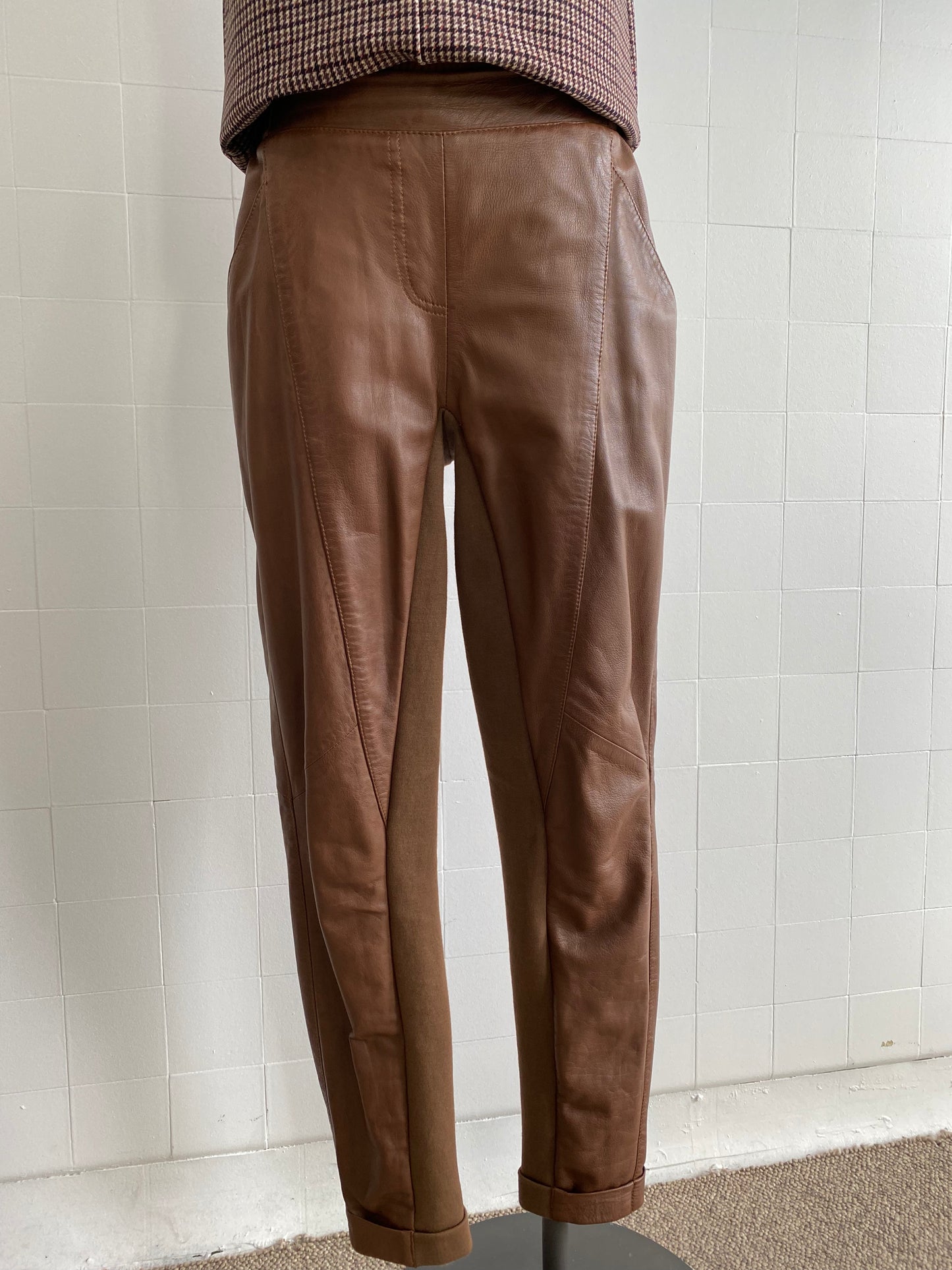 ONCE WAS TAN LIBRERIA LEATHER PANTS WITH COTTON PANELS - SIZE 1 (SIZE XS)