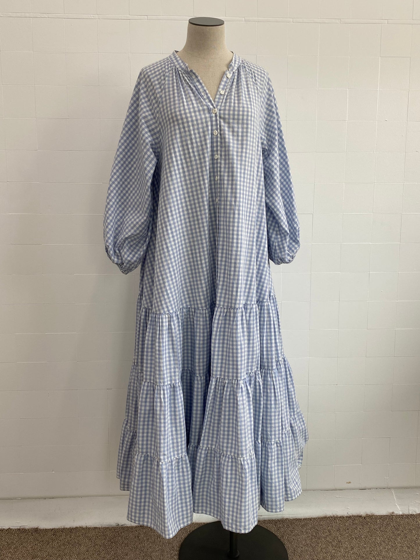 BY TIMO LONG SLEEVE BABY BLUE GINGHAM MAXI DRESS - SIZE S